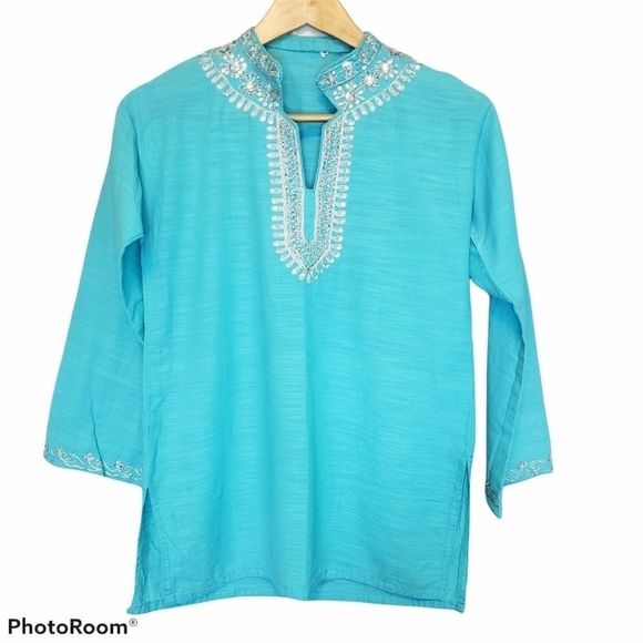 VINTAGE Peasant Blouse Turqoise Blue Small - Picture 1 of 8